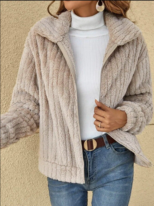 Autumn/Winter Striped Plush Lapel Cardigan