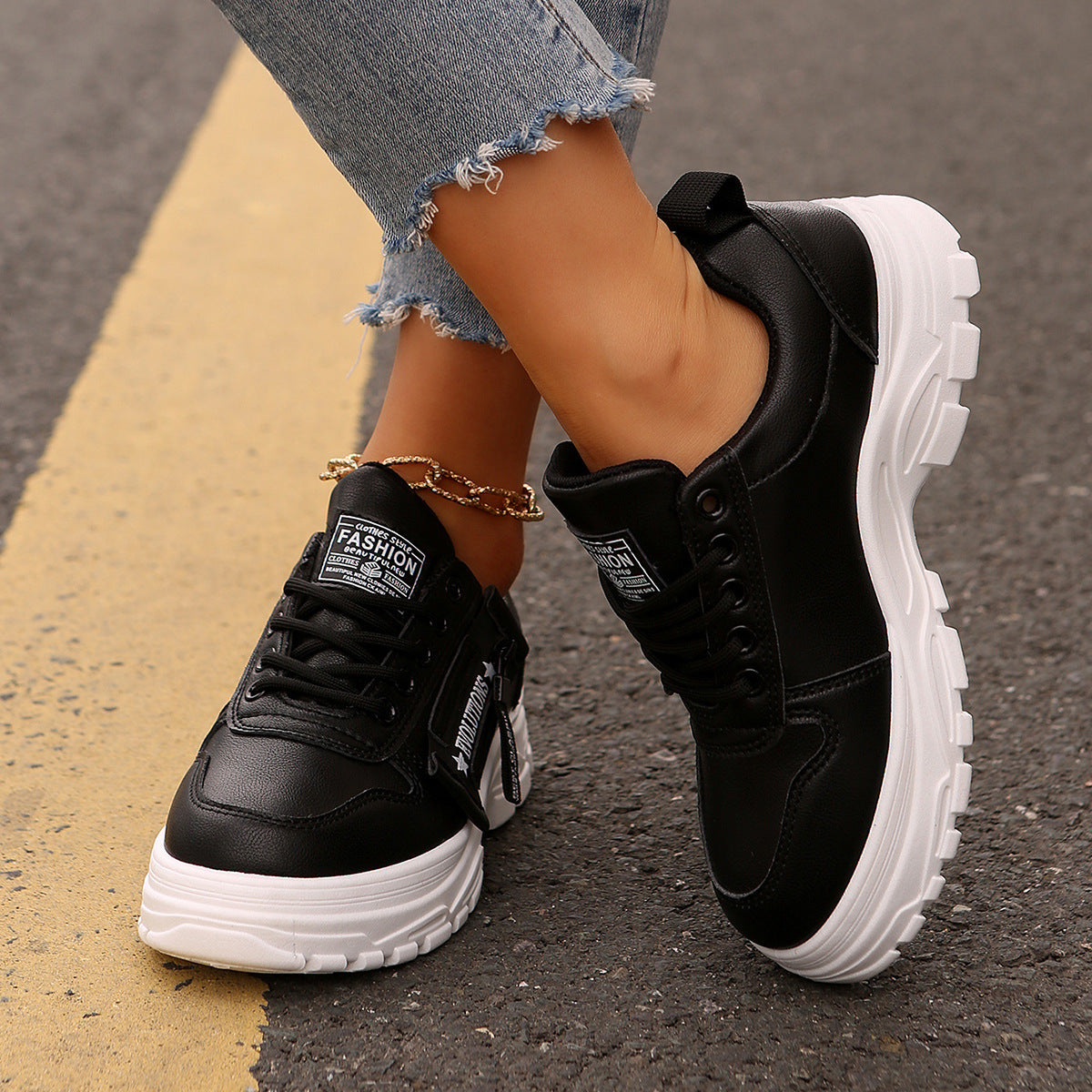 Trendy Lace-Up Shoes with Side Zip and Chunky Sole