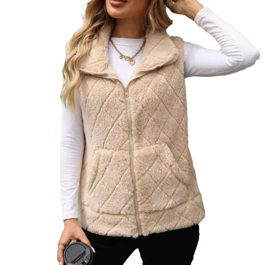 Women’s Zip Cardigan, Loose Diamond-Quilt Plush Jacket