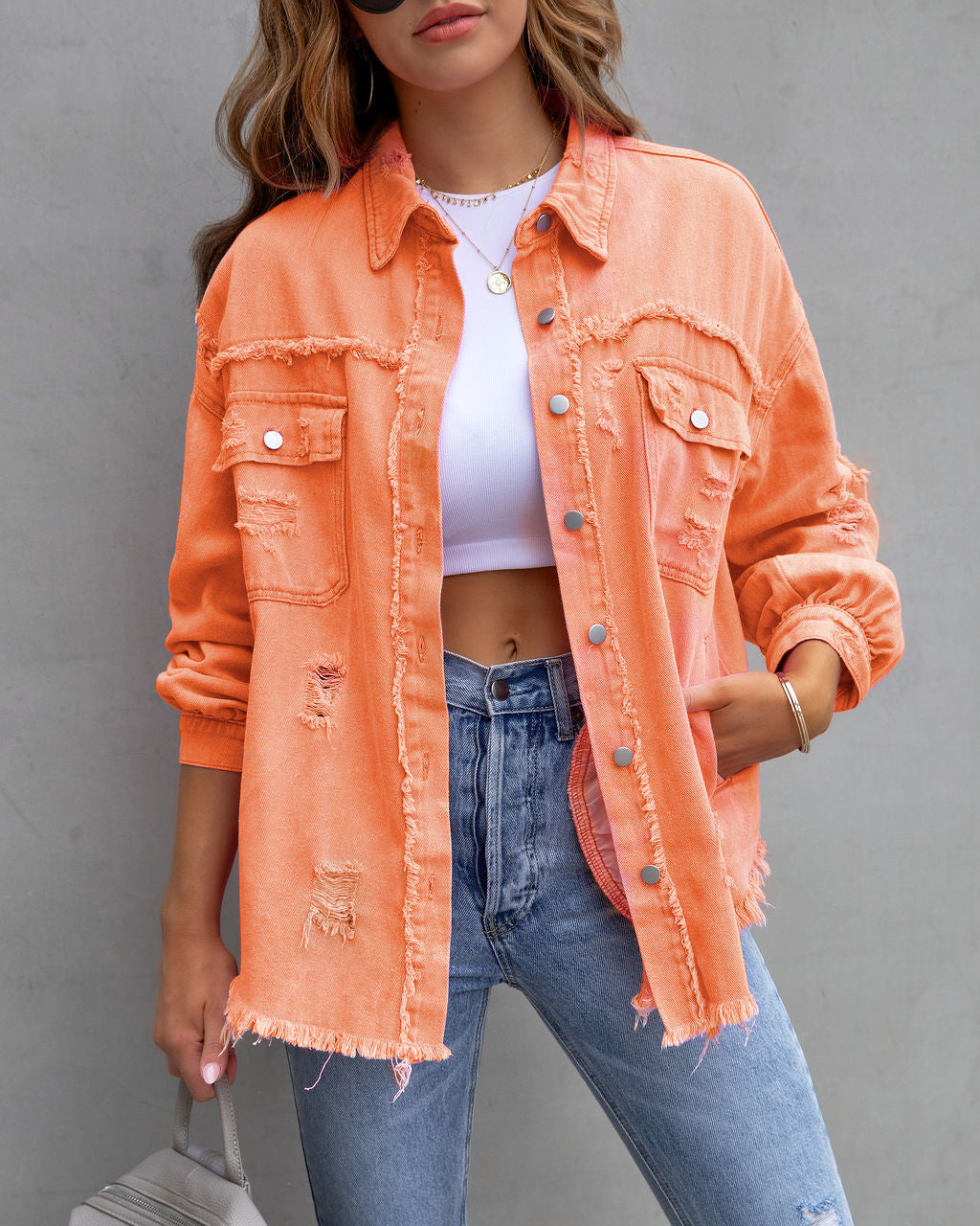 Women’s Fashion Distressed Shirt Jacket for Autumn/Spring