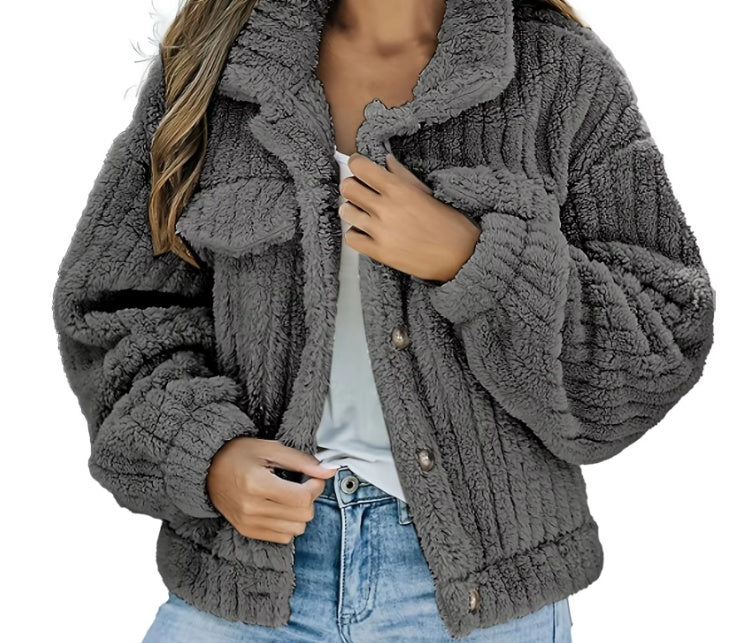 Lapel Fleece-Lined Women’s Plush Casual Jacket