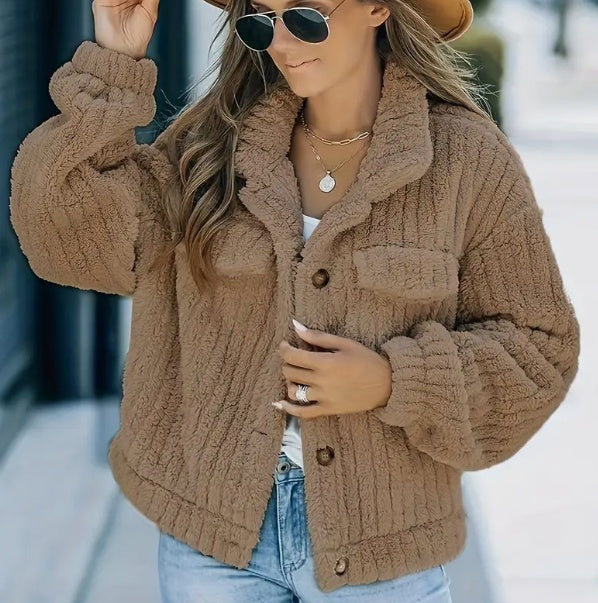 Lapel Fleece-Lined Women’s Plush Casual Jacket