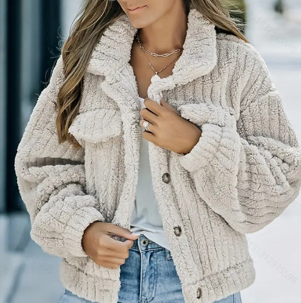 Lapel Fleece-Lined Women’s Plush Casual Jacket